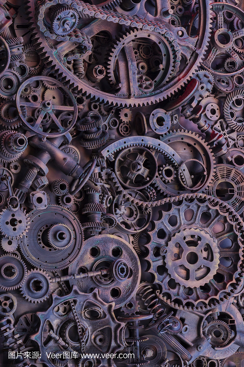 蒸汽朋克背景,機器零件,大齒輪和鏈條的機器和拖拉機。陳舊生銹的機器和機械部件。彈簧、軸承、活塞、曲軸、凸輪軸。